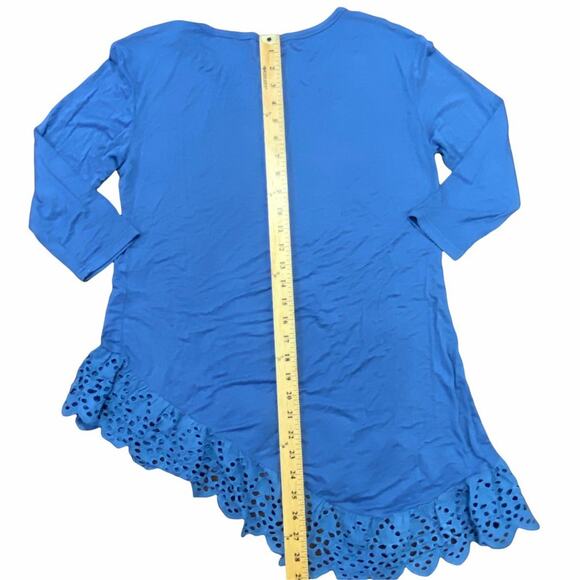 Blue Tunic Shirt Top with Asymmetrical Ruffled Eyelet Hem 3/4 Sleeves Size Large - Picture 8 of 12